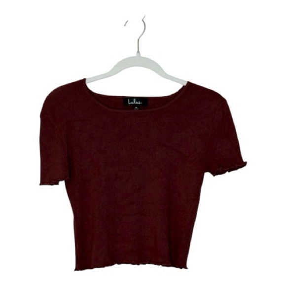 Lulu's Rich Burgundy Baby Tee Knit Top with lettuce trim M - Picture 6 of 7
